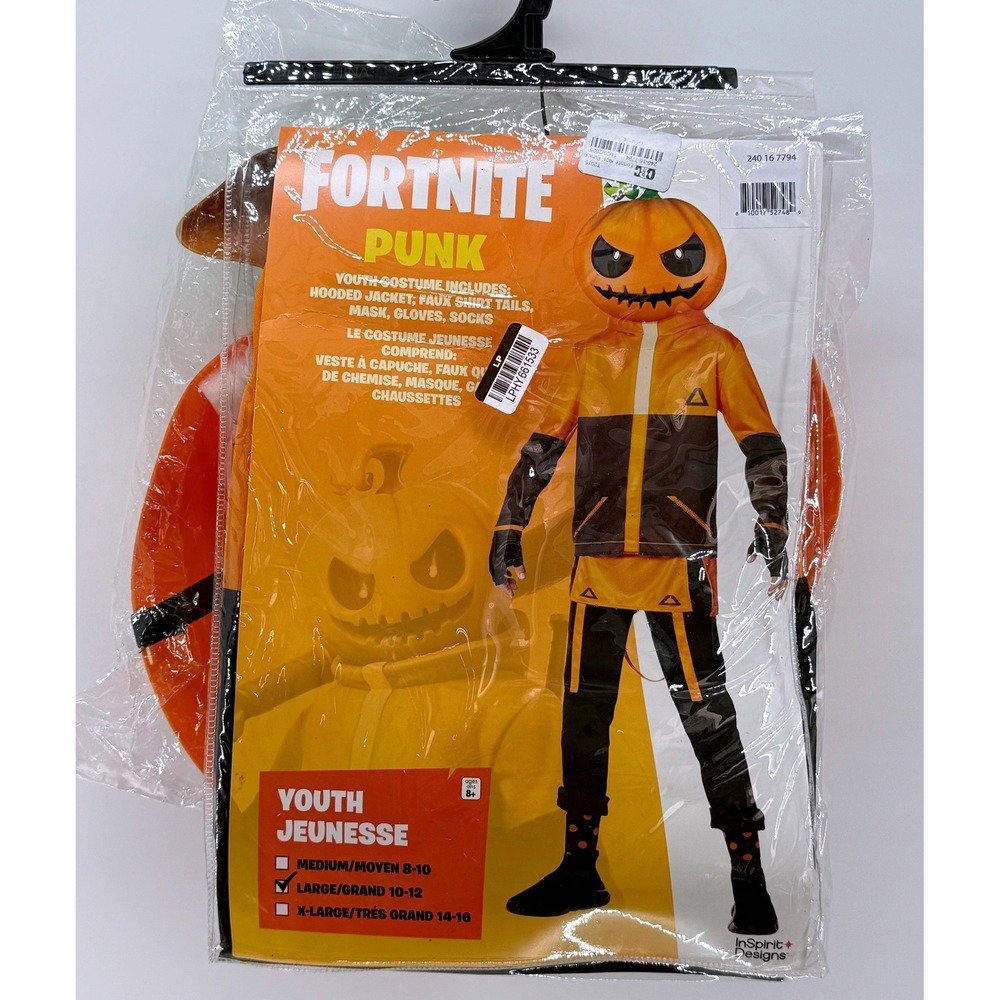 Fortnite Punk Youth Costume Large 10-12 Pumpkin Mask Hooded Jacket InSpirit
